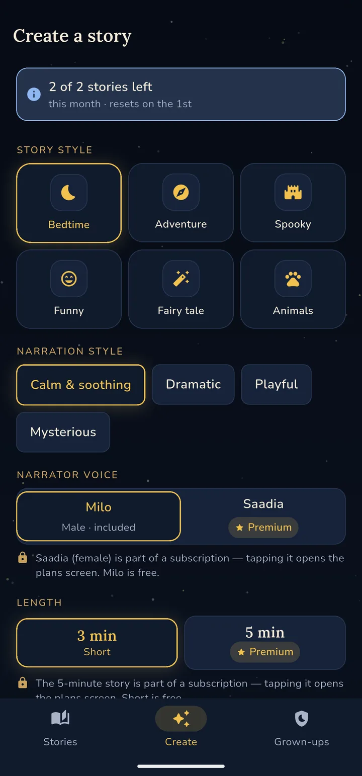The Create a story screen with illustrated story style tiles, narration style chips, narrator voice choices, and story length presets