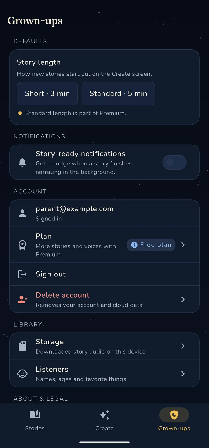 The Grown-ups screen with story length defaults, a story-ready notifications toggle, and account details showing the plan