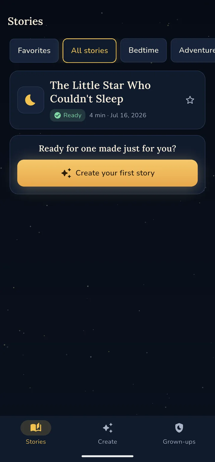 The Stories library with a story card titled “The Little Star Who Couldn't Sleep”, a Ready badge, filters, and a golden Create your first story button